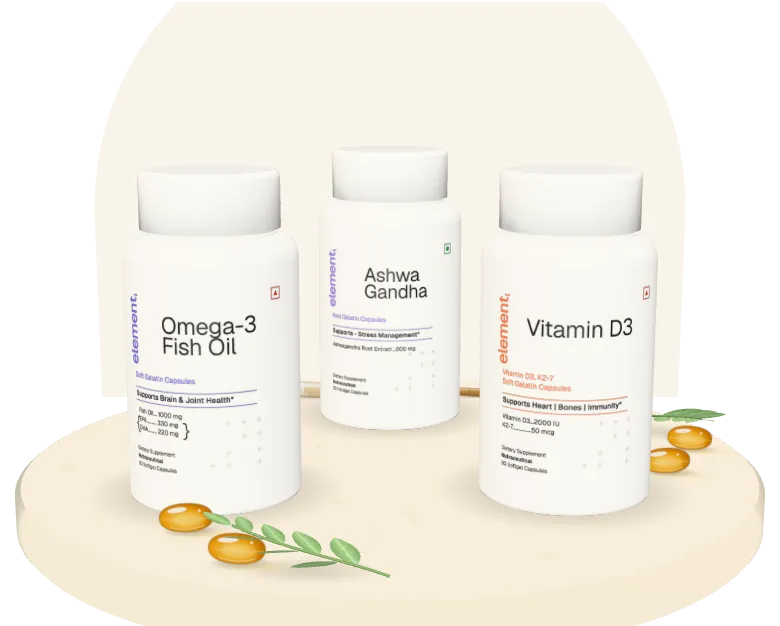 Ashwagandha Root Extract, Omega-3 Fish Oil, Vitamin D3 + K2 bottles on a stone table