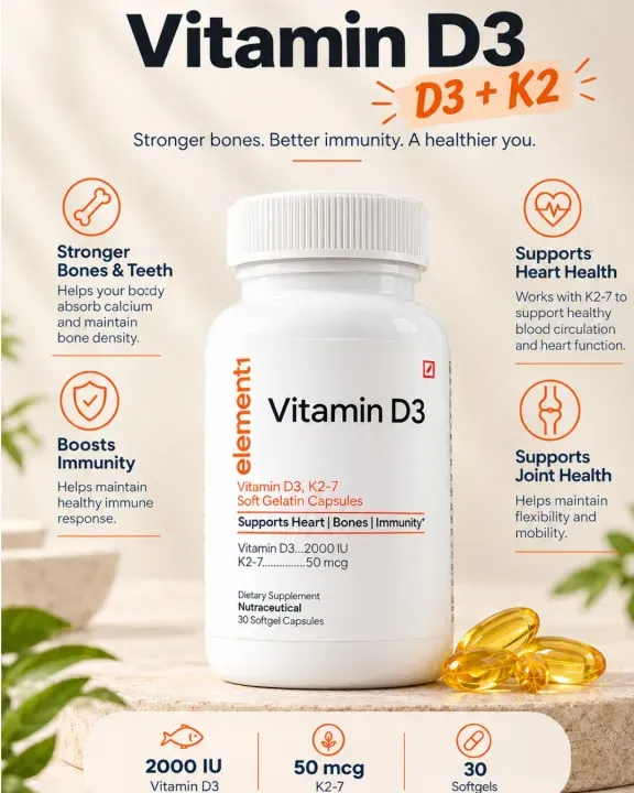 Vitamin D3 + K2 — bottle with key benefits