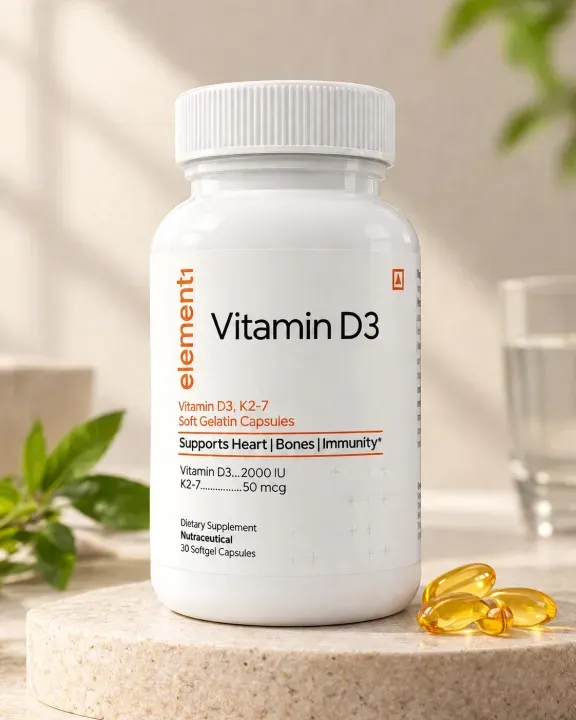Vitamin D3 + K2 — bottle, studio photo